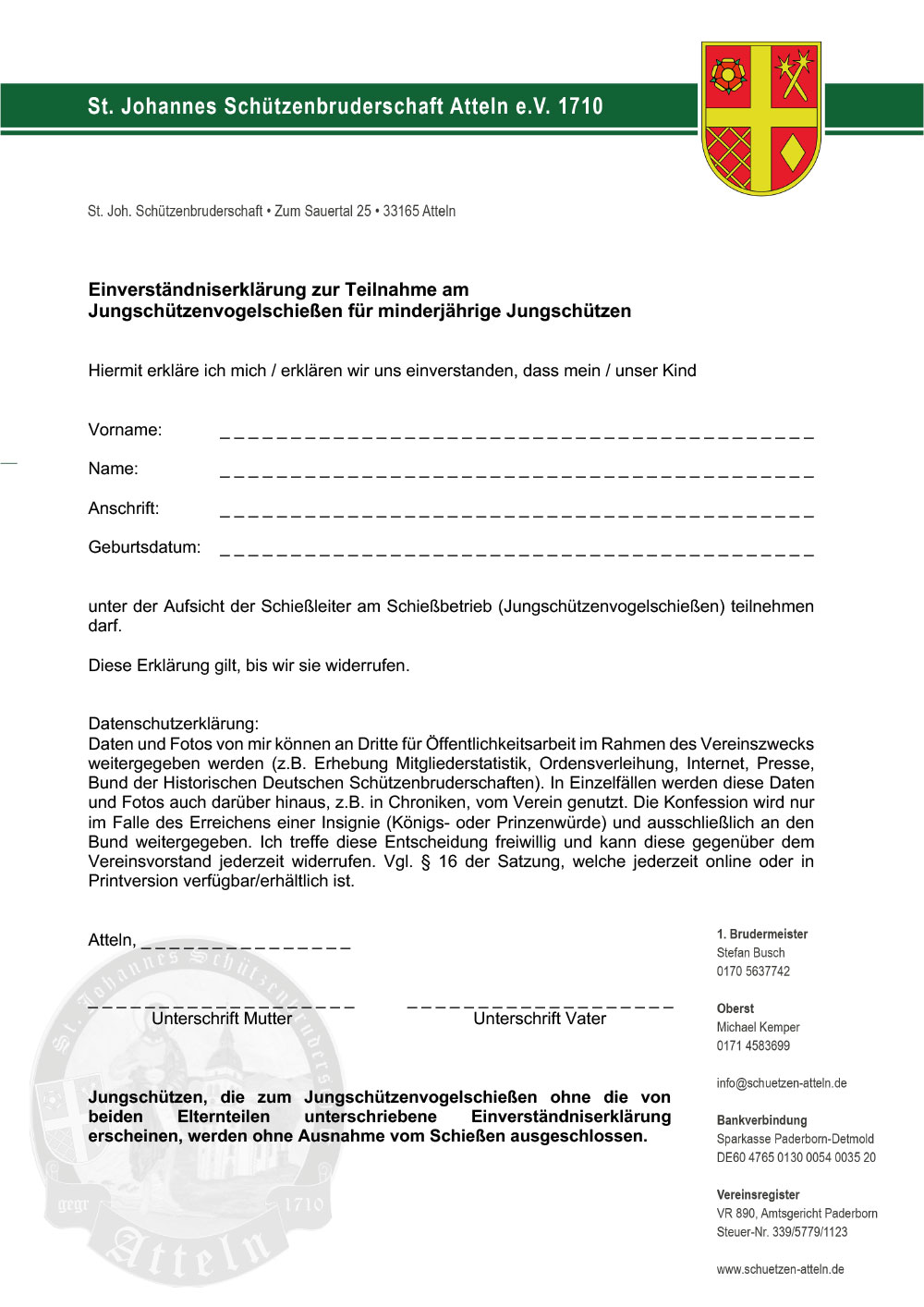 Einverständniserklärung Jungschützen schützenverein atteln